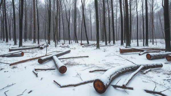 Winter browse work for deer in a snowy forest with felled branches.