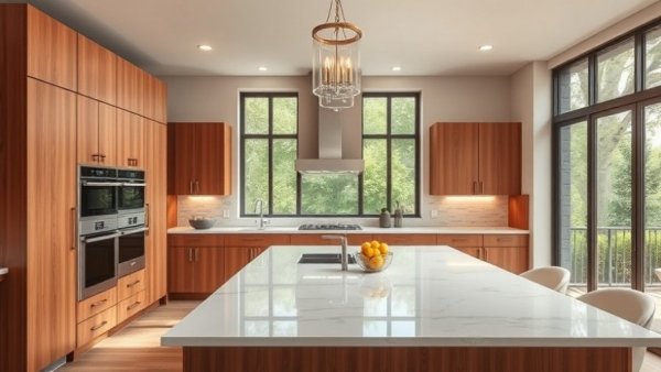 Modern tri-color kitchen with wooden accents and natural lighting.