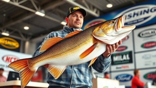 Fishing tournaments winner holding a large fish on stage.