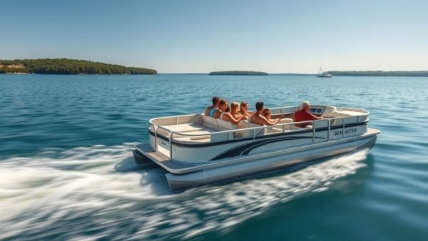 People enjoying a sleek modern pontoon boat on a sunny lake, best pontoon boats.