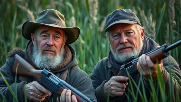 Hunters concealed in grass during waterfowl hunting in Waurika Oklahoma.