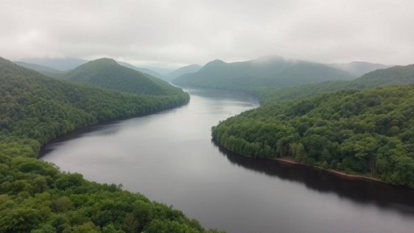 Overcast Susquehanna River landscape with lush green hills.
