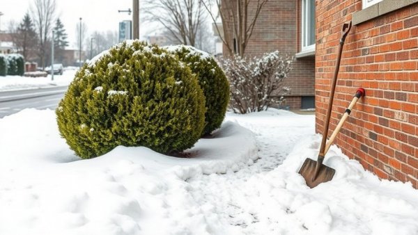 Snow and sleet storm scene with a snowy path, bushes, and a shovel