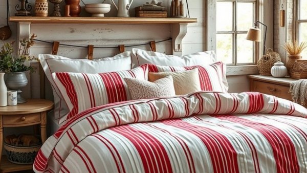 Farm home decor with ticking stripe bedding in rustic bedroom.