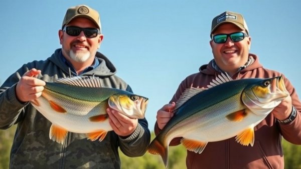 Two men displaying fishing tournament awards under clear skies.