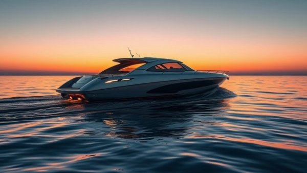 Modern boat on water at dusk, highlighting LiFePO4 battery maintenance for boats.