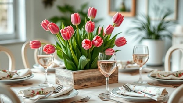 Spring table with tulips and glassware.