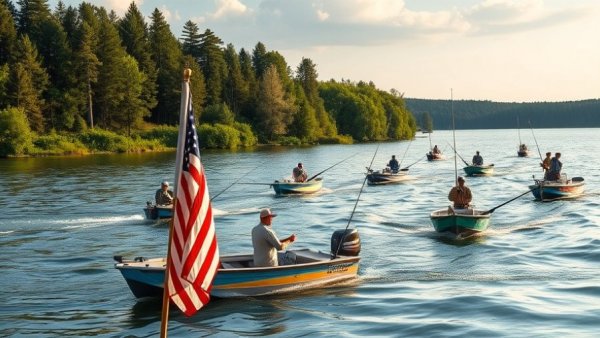 Fishing tournament with boats on a lake and American flag.
