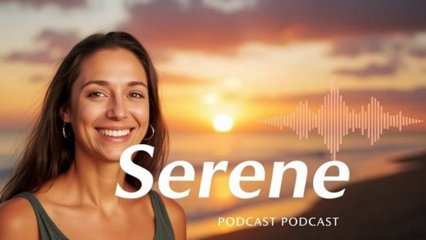 Meditation for anger podcast cover featuring serene beach and smiling woman.