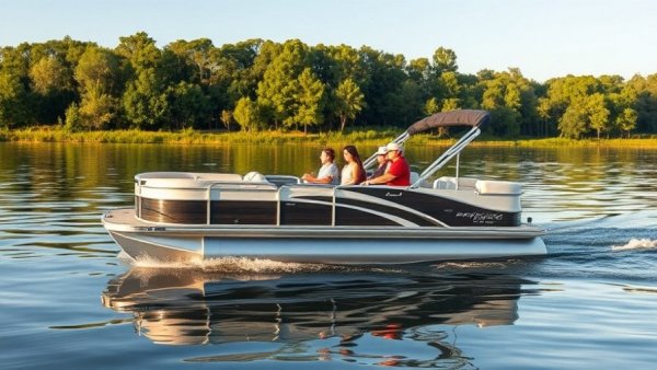 Modern pontoon boat showcasing affordability cruising on a serene lake.
