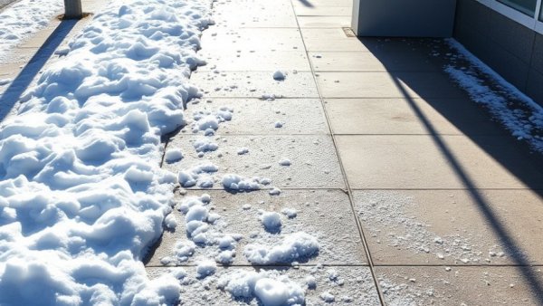 Snow being cleared on a farm sidewalk in bright sunlight.