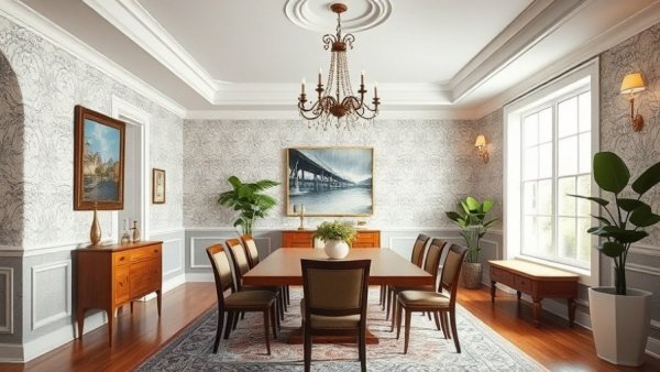 Elegant dining room with block print wallpaper in home decor.
