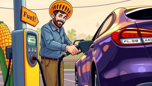 Cartoon of man refueling car with corn-shaped pumps, Standardized Outbreak Investigation Program