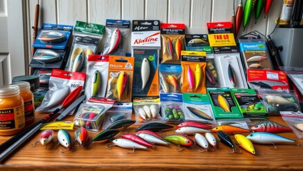 Assorted fishing giveaways displayed on a wooden surface.