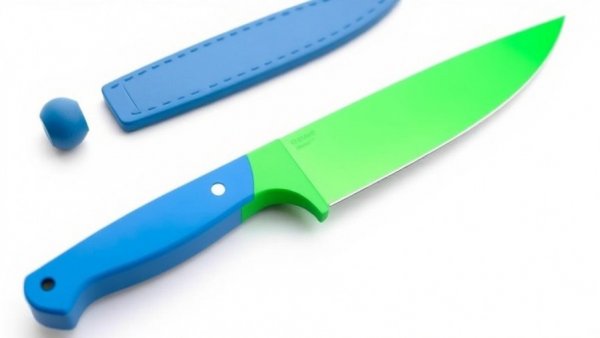 Vibrant boater's knife with green blade and blue handle.