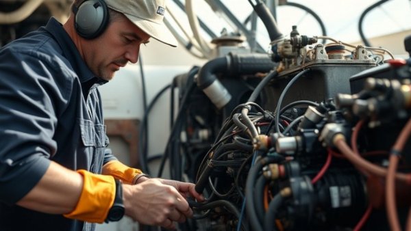Marine service technician repairing an engine, highlighting skills for Marine Service Technician Week.