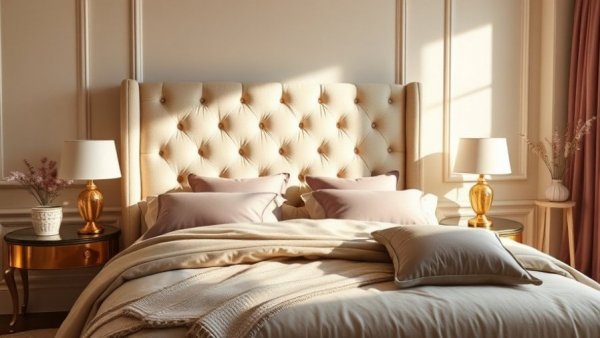Elegant bedroom with beautiful upholstered headboards and cozy decor.