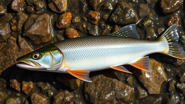 Freshly caught Northern Pikeminnow on wet rock surface.