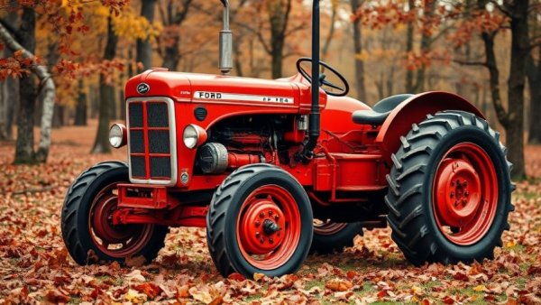 Classic Ford 8N tractor in autumn forest, highlighting Ford 8N tractor history.