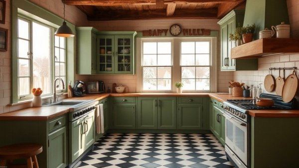 Farm home kitchen with green cabinets and winter view.