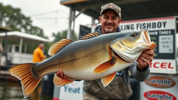 Determined fisherman holding bass at fishing tournament.