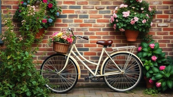 Charming spring entrance with vintage bicycle and flowers, spring home decor 2026.