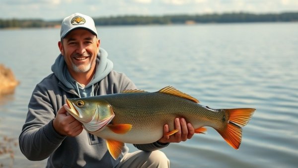 Fishing at Toledo Bend: Man holding big bass at lake.