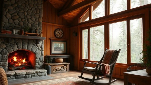 Inviting camp style home with stone fireplace and forest views.