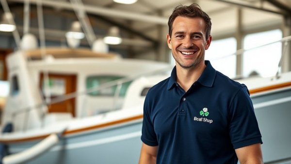 Irish Boat Shop President in navy shirt smiling near a boat.