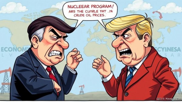 Satirical cartoon of geopolitical tensions impacting rising crude oil prices.