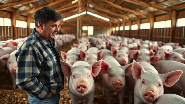 Wean-to-Finish Survivability: Two individuals discussing in a pig barn.