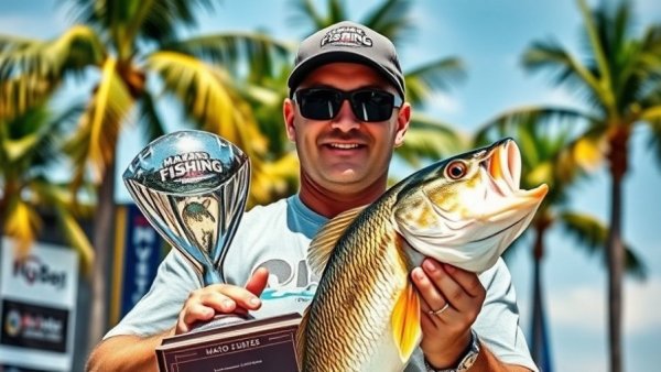 Fishing News: Champion holding Major League Fishing trophy outdoors.