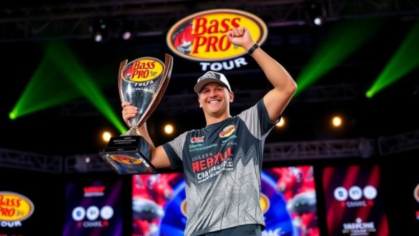 Fishing tournament winner posing with trophy on stage.