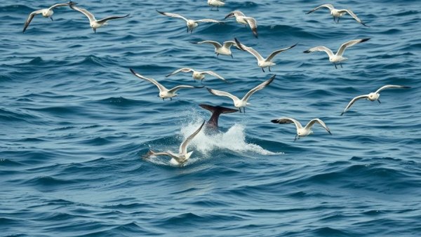 Seabirds gliding over ocean waves with dolphin fin, anglers guide.