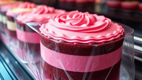 Valentine's Day desserts for farm families: Pink velvet chocolate cake with vibrant frosting in a bakery display.
