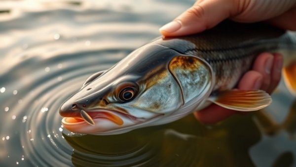 Illegal fishing in Kentucky, close-up of catfish being held over lake