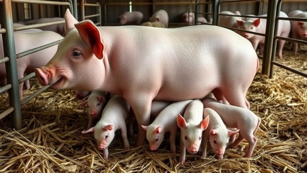 Mother pig nursing piglets in a farm pen, Family Farmers Farm Bill.