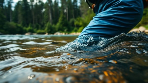 Dynamic view of fisherman with SITKA Fishing Gear in wilderness river