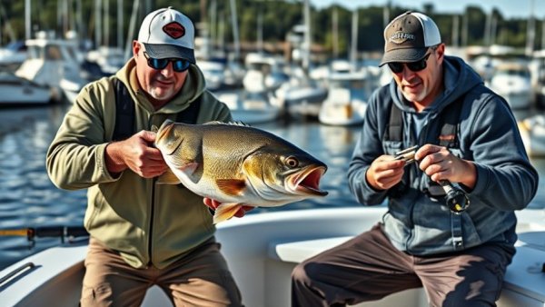 Anglers holding fish at fishing tournament on a boat.