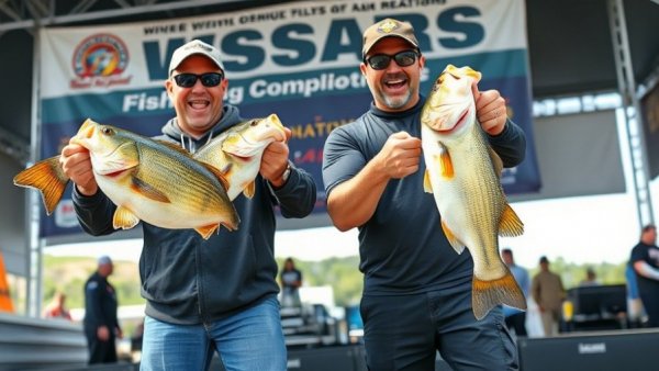 Louisiana Fishing competitors displaying bass fish at an event