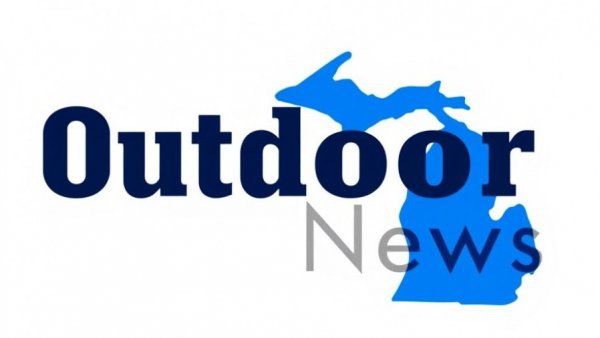 Minimalist blue Michigan silhouette with 'Outdoor News' text.