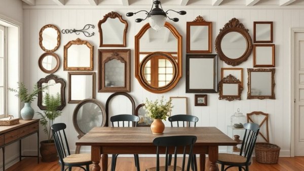 Eclectic vintage mirrors on farmhouse dining wall, unique wall art ideas for farm homes.