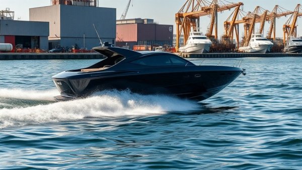 Sleek 2026 Revel RS25L cruising near industrial dock.