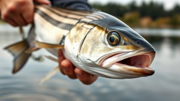 Enthusiast holding a striped bass on a calm lake, showcasing spawning success.