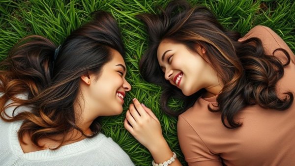 Heartwarming scene of two women lying on grass, nurturing love.