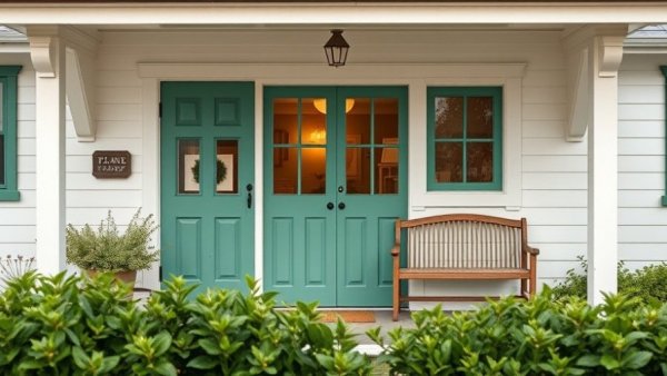 Charming small farmhouse with vintage design and inviting entrance.