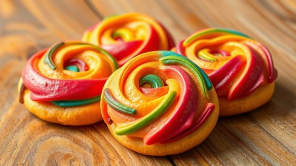 Colorful abstract pastries on a wooden surface, food art style for healthy meal prep.