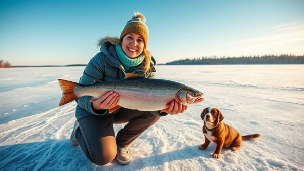 Joyful woman ice fishing for Minnesota lake trout with dog on icy lake.