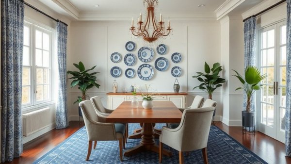 Elegant dining room with upholstered dining chairs around a wooden table.