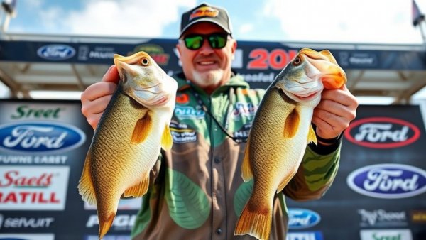 Fisherman with bass at fishing tournament stage, vibrant scene.